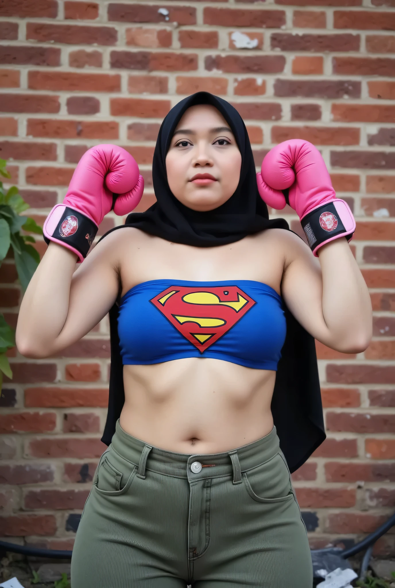Chubbyfront view, hijab-wearing mother. (Wearings Superman top strapless ). BOTH HANDS RAISED STRAIGHT UP WEARING PINK BOXING GLOVES, hairy Arm pit, too much very short corduroy denim micro-shorts unbuttone KELIHATAN Sedikit bulu pussy diatas. BRICK WALL RUINS BACKGROUND, BOXING GLOVES 