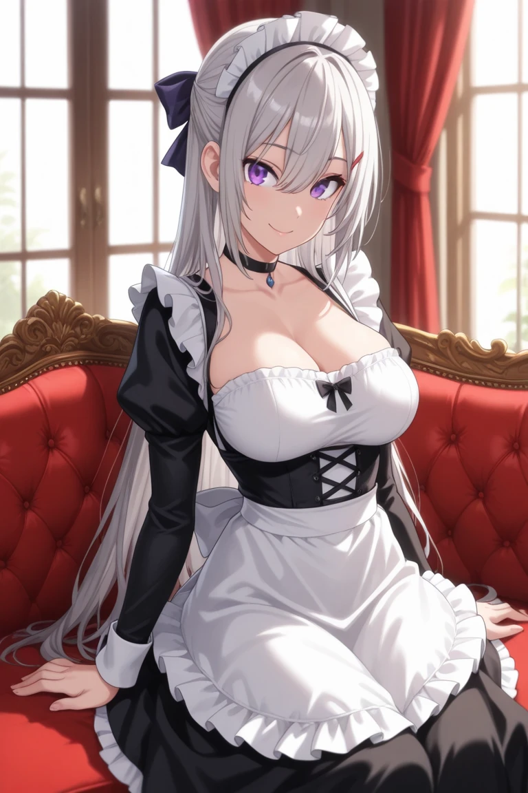 1girl, solo, Classic maid clothes、Maid's apron、silber hair、length hair、Lustrous hair、sharp eye、Tsuriformes、blue eyess、the whites of the eyes are large、Head dress、large full breasts、Clothes that show cleavage、Lace ruffles、Very short skirt、white tights、garterbelts、deadpan、a closed mouth、Wine glasses on tray、Luxuriously decorated interior、Red Carpet、Luxurious sofa、Looking here、is standing、