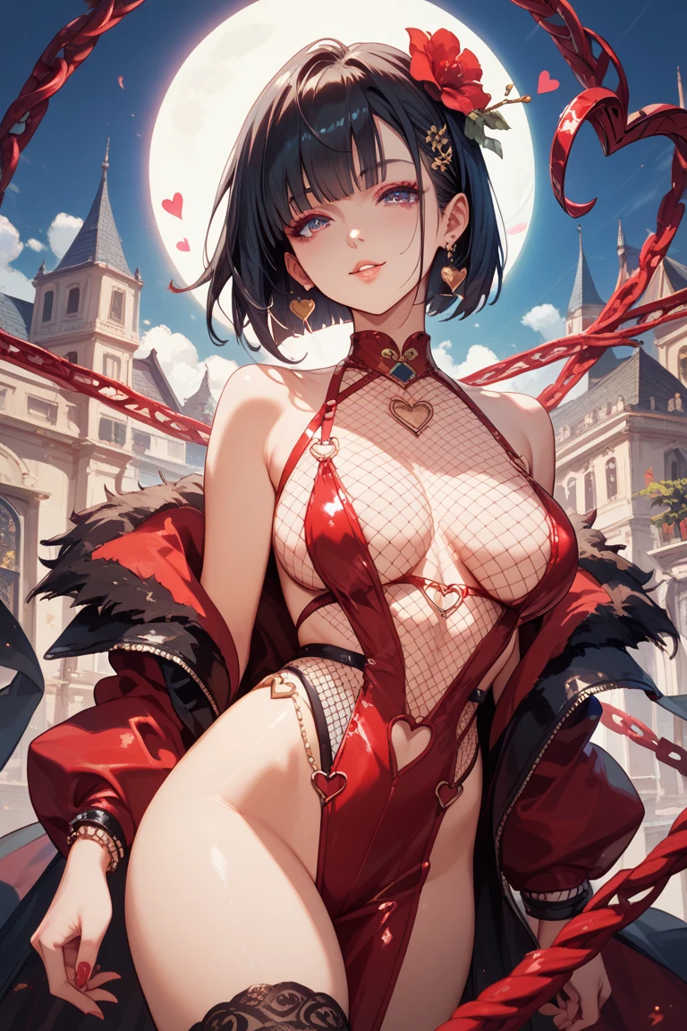 beautiful girl queen jester, halft black white hair, Eye pupils in the shape of love, jester dress, jester crown, card magic aura around her, clover and love card particles are red, red aura like water, HD lighting and dark )<=(epic image quality)dark atmosphere with bright particle light(many effects in background