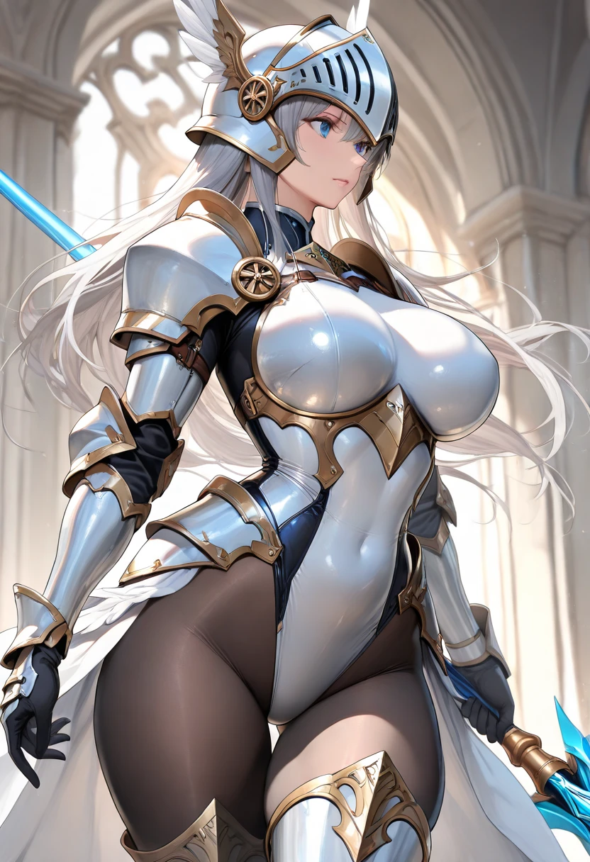 Stand with your feet apart、Facing forward、looking at the camera、Silver hair ponytail、female knight、((White metallic micro bikini:1.5)、White garter belt、(Silver Armor:1.5)、(Silver boots:1.5)、White Cape)、((Huge breasts:1.5)、Cleavage、(Underboob:1.5)、(Sideboob:1.5)、(glamorous、curve)、Belly button、Glowing Crotch Tattoo、Camel toe、Absolute area、Wide Hips、Thick thighs、Revealing outfit、(NSFW:1.5))、(whole body:1.5)、Shot from above、Church stained glass、