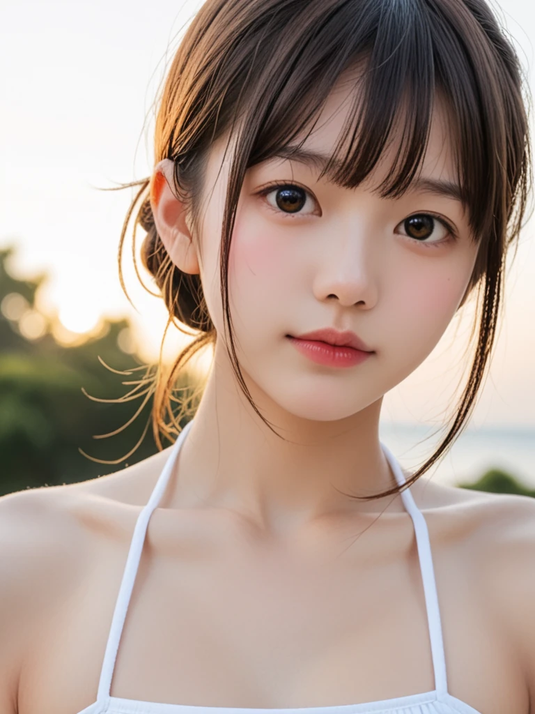 Young Japanese Woman, 30th Generation, White Background, simple background, White brown hair, thin, 4K, In 8K, high quality, beauty, Beautiful Eyes, simple, High resolution, Swimwear, bikini、Poolside