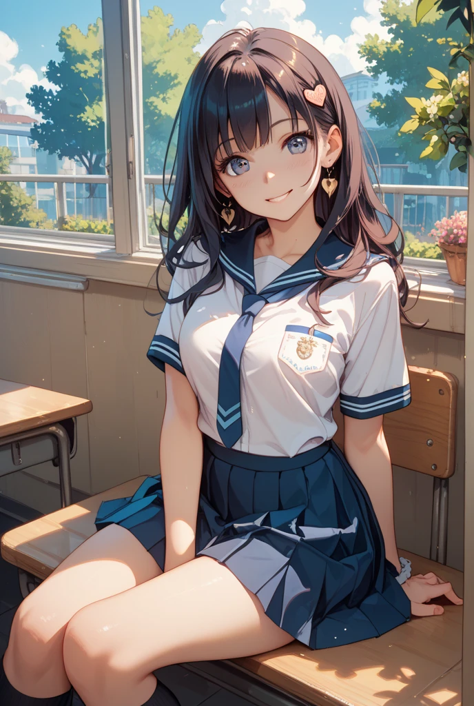 ((masterpiece、top-quality:1.5、a high chroma:1.5、ultra-detailliert、high-resolution illustrations:1.5、Ultra-high-definition CG、8k size wallpaper、offcial art))、(portrait,cowboy shot)、(1girl),Open mouth happy grin,cute face,big eyes、
,(sitting,knees up:1.3),
,(sexy body),(sailor uniform,mini skirt),(long black hair), (small breasts)、
、classroom,JK