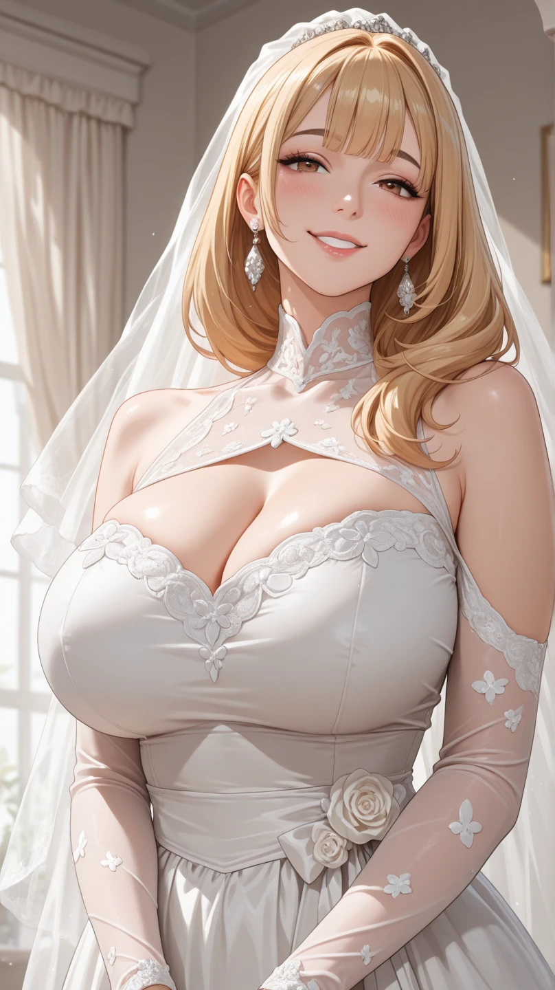 wedding dress, long blonde hair, sitting, hourglass figure, huge breasts overflowing cleavage, (background black couch, detailed walls, crowd behind, warm light), realistic,