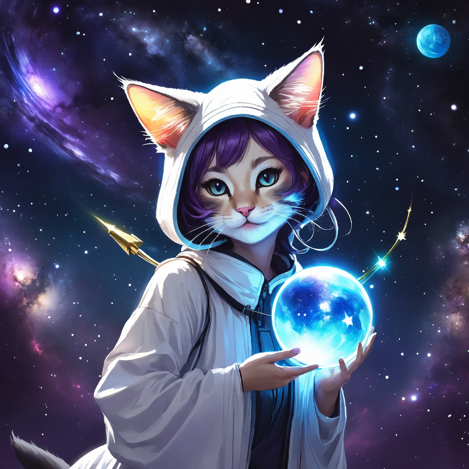 An epic, mystical masterpiece of an astronaut girl, clutching a mysterious, glowing purple tome of magic, adorned with dark, demonic talismans that seem to channel the very power of their soul and unleash an otherworldly energy , chest , ring ، big fox white cute