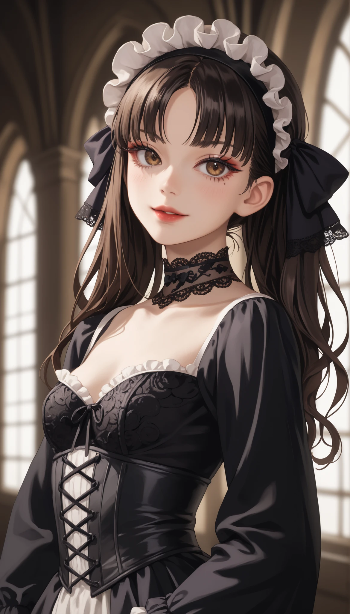 (ultra-detailed), (Ultra-high resolution), (8k), (HD), (High Quality), (Top quality), (High-Detailed), (Detailed CG), (Cinematic Shadow:1.0), (Beautiful Detailed Eyes), (Ultra Resolution), (Depth of Field), (High Resolution), (Masterpiece), (best quality), (amazing quality), (very aesthetic), (perfect eyes), (Anime Art style), (look at viewer), (cowboy shot), 1girl, gothic ta, Tomie, (solo:1.4), extremely long jet black hair styled into dramatic, flowing drill twintails that cascade down both sides, each curl perfectly sculpted and voluminous, symmetrical and elegant, with sharp straight-cut bangs across the forehead and soft sidelocks framing the face, large, expressive anime-style brown eyes with a soft glossy sheen, slightly glassy and reflective, surrounded by long dark lashes, subtle dark circles or puffiness beneath the eyes for a delicate, melancholic look, slightly widened for a doll-like appearance, pale white face make, sickly puffy eyes, red glossy lips, A gothic ta girl in a highly detailed black and white dress made of soft cotton, velvet, and intricate lace. A tightly laced black lace corset with delicate white satin ribbons and fine black lace overlay. Her voluminous long black sleeves are puffed and trimmed with layered white frills and ruffled lace. She wears a flowing black velvet overskirt with ornate lace panels and an underskirt of layered white ruffled fabric. The design includes abundant lacework and frilly accents throughout. She wears thigh-high white lace-trimmed stockings, tall black lace-up boots, a large black lace bonnet adorned with floral embroidery and bows, and a delicate black lace choker. The overall look is rich in fabric texture, elegant and darkly romantic, small breasts, slender build, long slender legs, standing in a elegant pose, hands by side, arms by side, a gothic Versailles-inspired background with melancholic atmosphere, dynamic angle