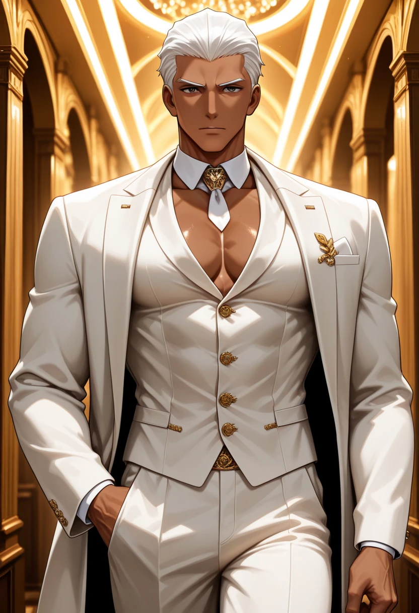 masculine, best qualityer, work of art, chestnut hair, jacket without shirts underneath and gold clothes 