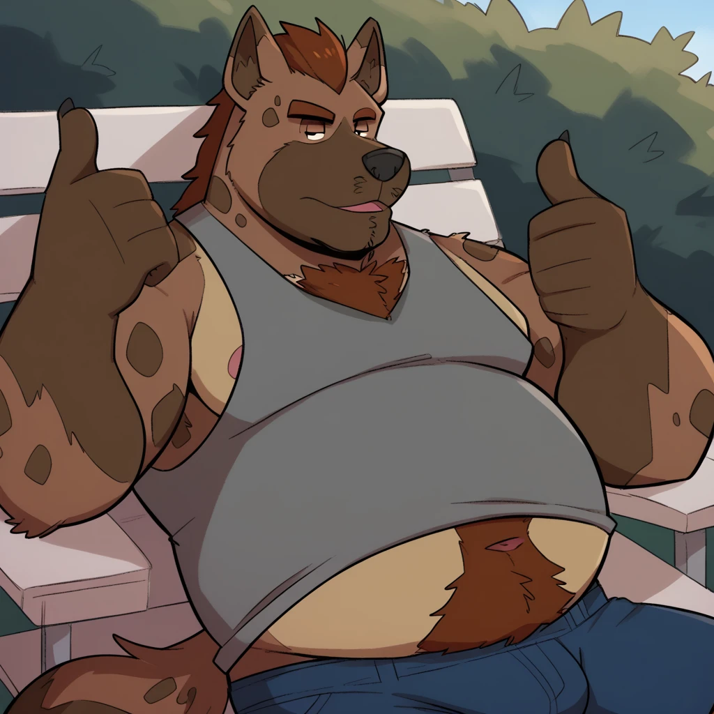 high resolution, (masterpiece: 1.4), (60 years old badger male), dilf, gray hair, brown eyes, high detail eyes, blue jeans, bulge, bulgej8, detailed crotch, flannel shirt, rolled sleeves, buff, muscular, big arms, wide shoulders, chubby, retro, (retro diner:1.2), detailed backround, seated, smiling, by darkgem, by meesh, by boosterpang,
