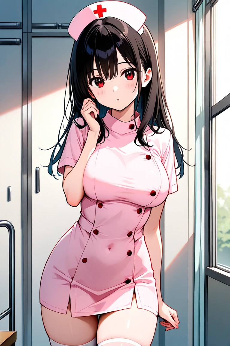 Yorubu Layer, your thorns, black hair, (red eyes:1.5), earrings, gold , long hair, (medium breasts:1.2),happy smile, smile, open your mouth, ,transparent and pink latex, Thighhighs, cleavage, kneel down, pink panties, nurse cap, nurse, 
break indoors,hospital,
break looking at viewer, (cowboy shot:1.5),
break (masterpiece:1.2), highest quality, High resolution, unity 8k wallpaper, (figure:0.8), (detailed and beautiful eyes:1.6), highly detailed face, perfect lighting, Very detailed CG, (perfect hands, perfect anatomy),