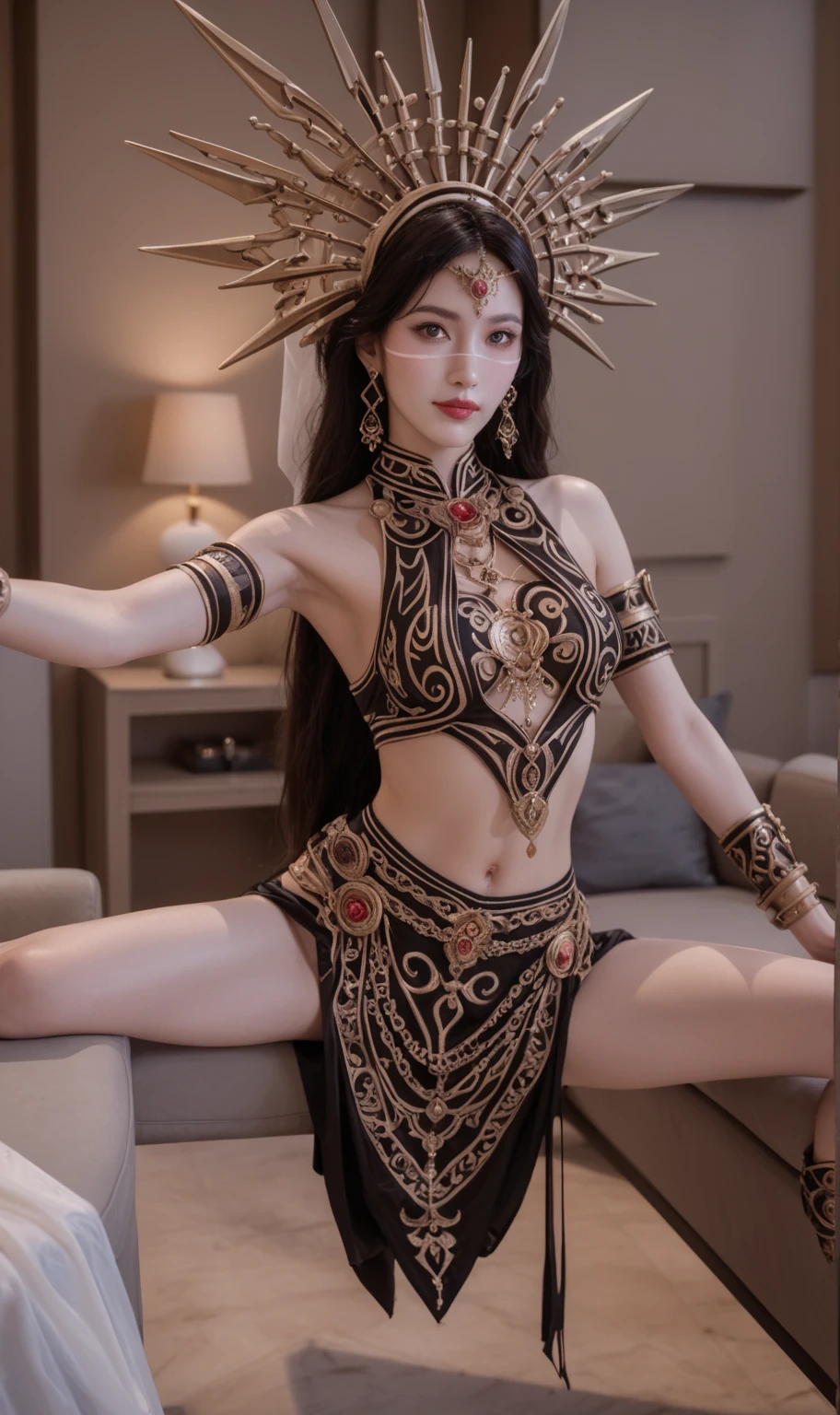 There is a drawing of a woman dressed in a costume, a detailed full-body concept, an interesting character design, a beautiful full-body concept art, a detailed full-body concept art, (character concept art)), inspired by the senior character artist, highly detailed exquisite fan art, excellent character design, fantasy character design, official character art, hyper-detailed fantasy character, man:: sorceress, priestess ethnic shaman decorations on the open  The body is made of bones, the nudity is covered with the bones of animals and birds, the bones and energy, the radiance of light, the incredibly sexy girl, the deadly beauty, the deadly sexuality, tenderness and horror, everywhere the bones, the body in the bones, the delicate transparent fabrics fall from the hair, the snake staff. Magical Tibetan shaman, Bon Buddhism, Buddhist iconography, ancient style, ancient mystery of the serpent, life and death, transfiguration, Buddhism, Hinduism, sacredness, shamanic rite, sexuality transcendental, unique, priestess of love and death, Buddhist saint, hermit, maximum nudity, blue eyes, expressive look, conciseness, bones of animals, sacred ritual, sexual beauty, edges of hair emphasized by bells and birds, tender belly, ornaments on fabrics, Tibet,  A girl from the mountains, even sexier, an inspired face, a gentle bright look, a neat pubis, a neat gentle face, long claws are worn on her fingers, she dances with a snake, her hands are raised