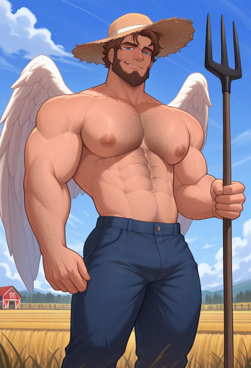 Angel femboy, long blonde hair, blue eyes, gigantic muscular body, erect penis with huge balls, halo, big angel wings, 4 arms, full body.
