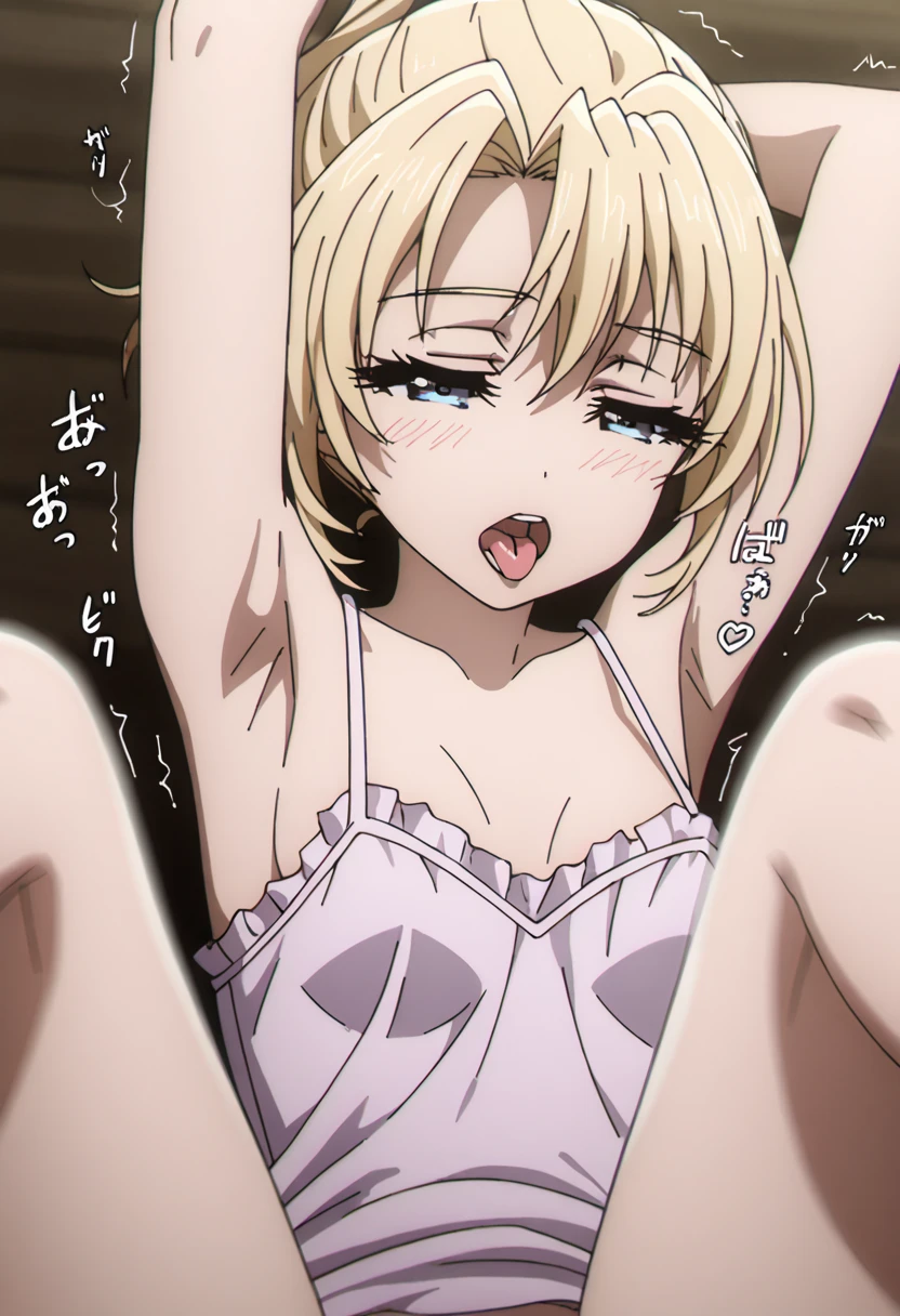 hayasaka,blonde hair, blue eyes, hair Scrunchie, side ponytail, Scrunchie, 1 girl, hair ornaments,alone, hair between eyes,(topless:1.3),, bare shoulders, undress black pants, show off white panties , cleavage,thighhighs,short hair,
beautiful Finger,beautiful long legs,Beautiful body,beautiful character design, perfect eyes, Perfect face,expressive eyes, looking at the viewer,lie on back ,lie on bed,in the center of the image, official art,High Definition CG Unity, Perfect lit, bright_front_face_lit, ,(Highest_quality:1.0),4k,Super detailed, photograph, 8K, nffsw, High resolution, absurd:1.2, kodak portrait 400, film grain, Lens flare, (lively_color:1.2) (beautiful,medium breasts:1.4), (beautiful_face:1.3),(narrow_waist),blush,
(((detail nipple)))