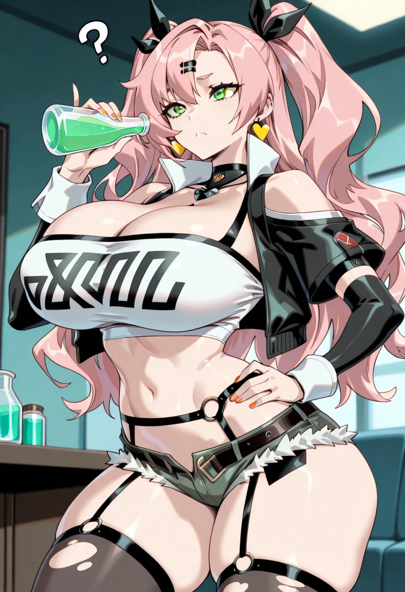 masterpiece, Highest quality, In detail, High resolution, Very delicate and beautiful, One girl, Long curly brown hair, Curly pigtails, Pink Eyes, Big eyes, Preppy, pink horn, Blushing, Yellow Eyes, cute, Candy Theme, Background candies, Grin, , Black clothes, Pink and black outfit, woman, sexy, devil, horn, Show off your breasts, Big Lips, Leather clothing, (Huge breasts), Tight waist, (bikini:1.2), (room), Action pose, front, (Huge thighs), Thigh-high socks, colorful
