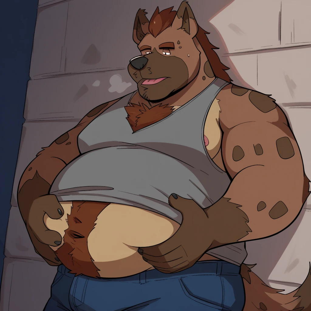 Solo, male, standing, (((by dramamine))), bulge, muscular, enormous, tall, buff, massive, big biceps, big pecs, alleyway, dramatic lighting, rape face, smirking, evil expression, (hyena)