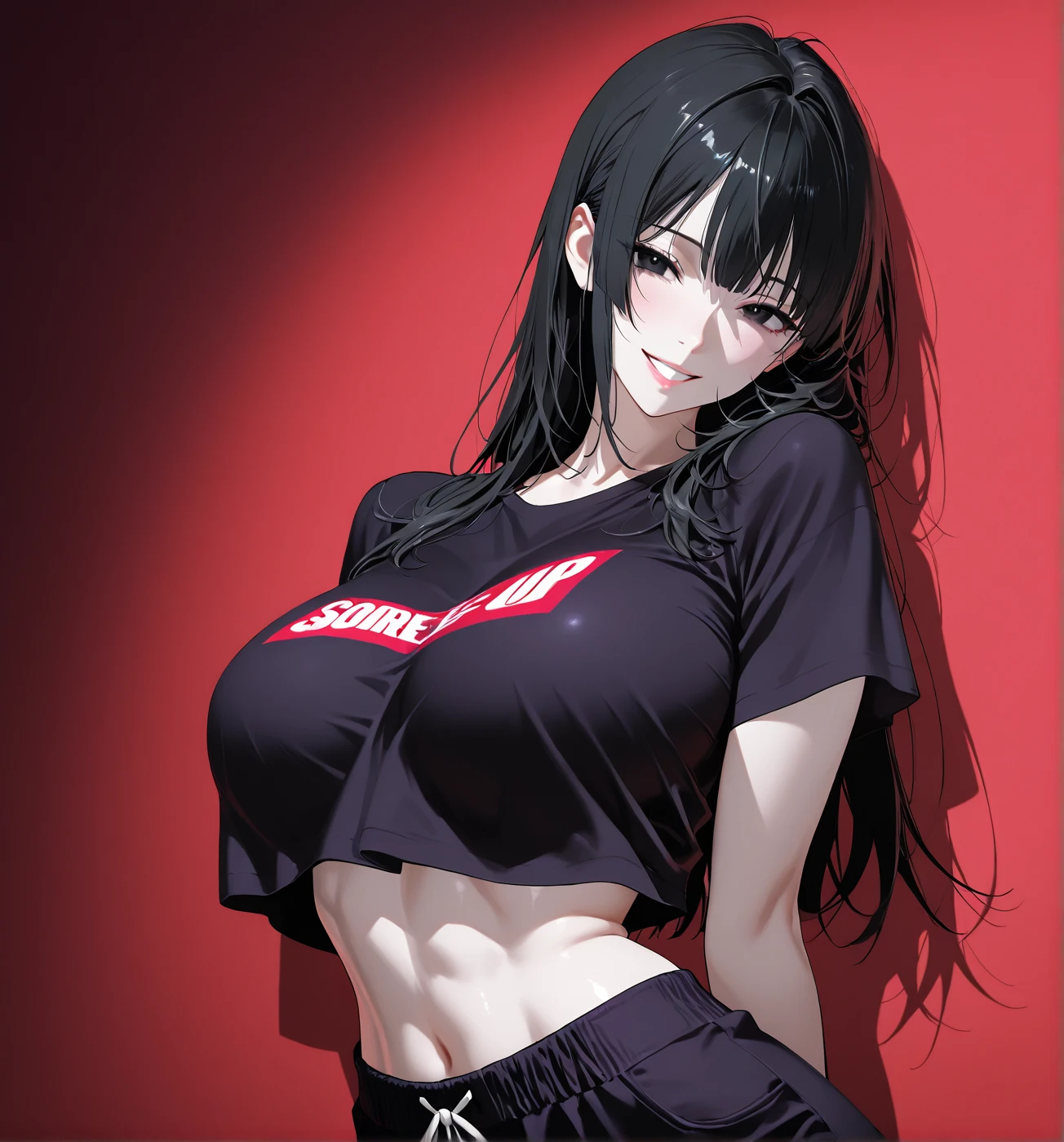Somewhat tall girl with long black messy hair and sleepy ruby eyes wearing a tight slipknot band t-shirt, dark tights panties and a choker, doing a peace symbol with a chaotic face and sticking her tongue out in disrespect, her thighs squishy and her breasts are average sized.