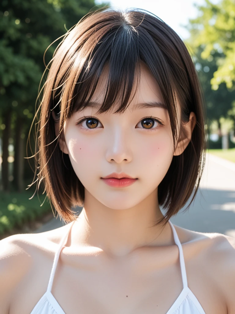 (masterpiece, best quality, beautiful girl, pretty face:1.5), (upper body, bangs:1.2), small waist, (simple background:1.4), beach, (horizon, beautiful sea, sky, sunny day:1.2), bikini, facelight, 8k, official art, raw photo, incredibly absurdres, depth of field, looking at viewer, ultra realistic, highres, photography, film grain, chromatic aberration, sharp focus, bokeh background, dynamic lighting, highest detailed, extreme detailed, ultra detailed, finely detail, extremely detailed eyes and face