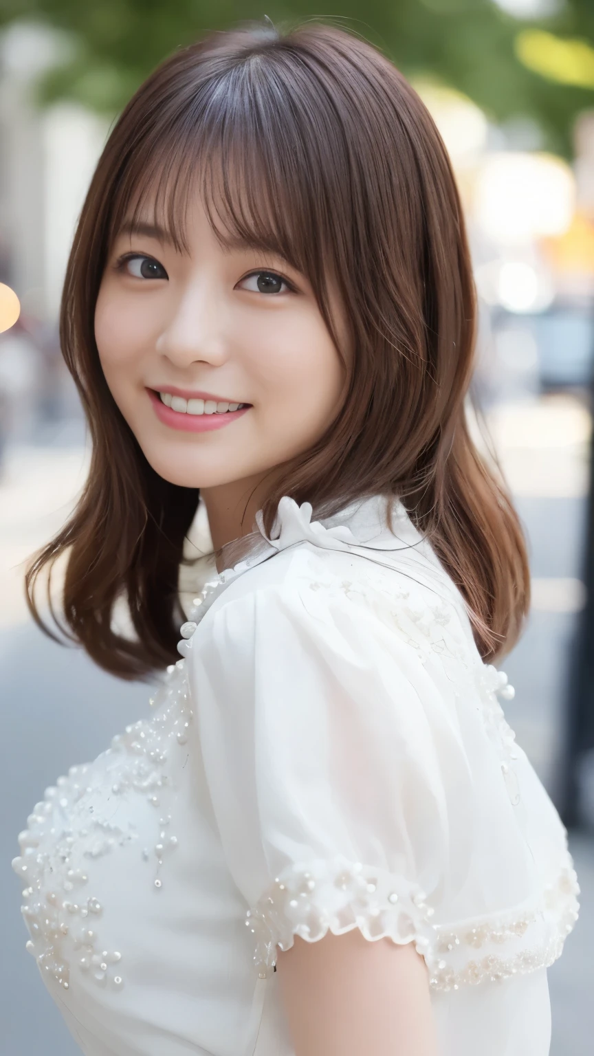 8k, 非常にdetails, (realistic, photorealistic: 1.37), Super Details, top quality, realistic, very delicate and beautiful, raw photo, (((professional lighting)), face lighting,,、summer、、Beautiful Attention to Details、,top quality,非常にdetailsな,details,high definition,In 8K,((realistic:1.4,RAW pictures,超high definition,best image quality:1.4))、bust up、Big city city、The girlfriend I'll meet up with、1、Slender body、Small Faces、gentle gaze、Clean and beautiful、 natural eye makeup ,Big breasts(Big breasts 1:1.3)、firm chest with your back to the floor、brown hair、、shorthair、、embellished short sleeve pearl white blouse、smiling modestly 、、