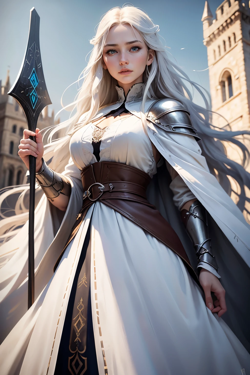 IYoung woman, campesina medieval "The Chronicles of Narnia", gray and brown shreds, blue eyes, long white hair, dynamic position, safe expression, Iluminación natural, plain white background , white robe, Large tower shield, long majestic white hair, tall woman, Shy, bold, night, mature, healing magic, bright light, casting light magic, serious, older, old