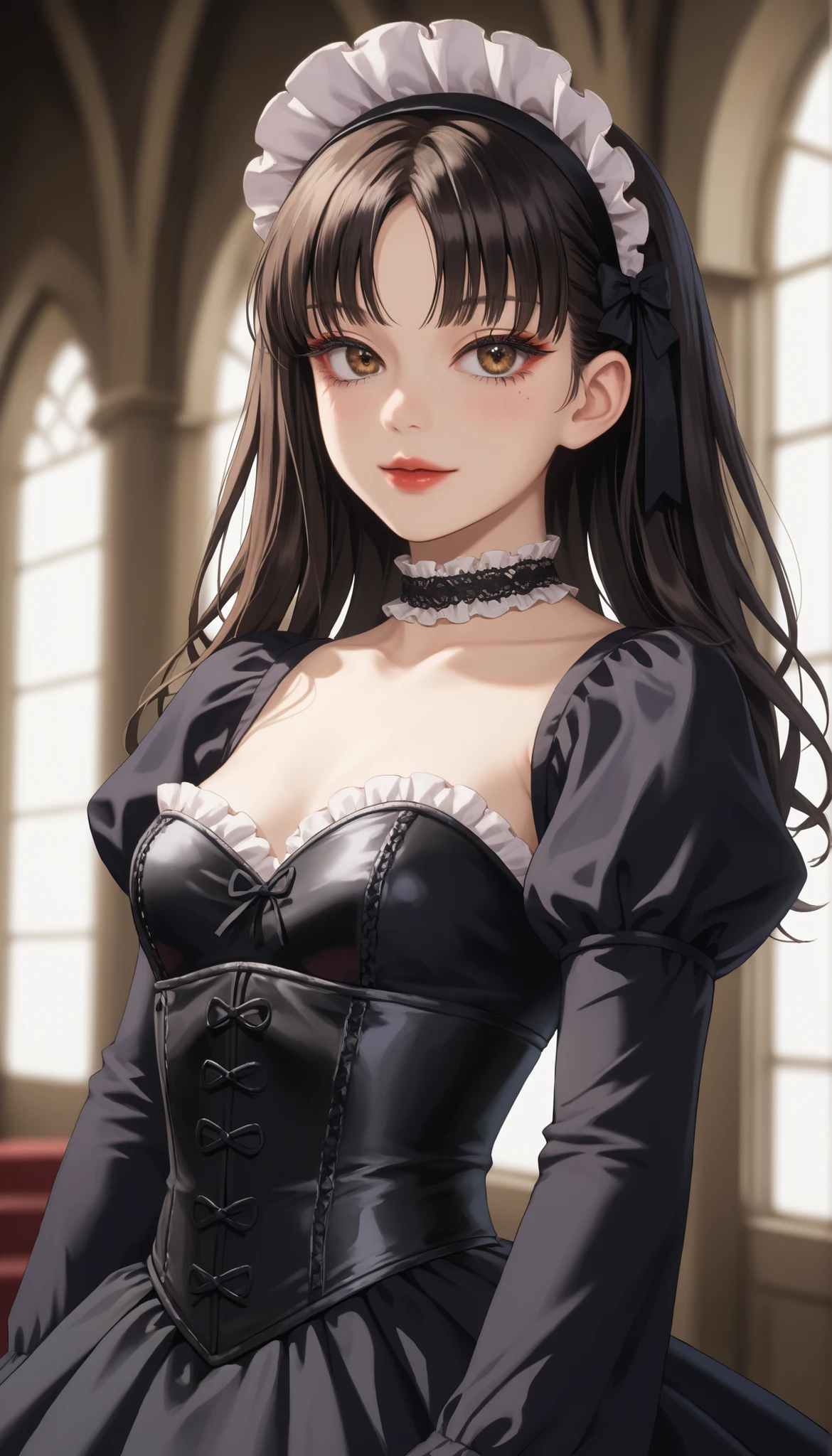 (ultra-detailed), (Ultra-high resolution), (8k), (HD), (High Quality), (Top quality), (High-Detailed), (Detailed CG), (Cinematic Shadow:1.0), (Beautiful Detailed Eyes), (Ultra Resolution), (Depth of Field), (High Resolution), (Masterpiece), (best quality), (amazing quality), (very aesthetic), (perfect eyes), (Anime Art style), (look at viewer), (cowboy shot), 1girl, gothic ta, Tomie, (solo:1.4), extremely long jet black hair styled into dramatic, flowing drill twintails that cascade down both sides, each curl perfectly sculpted and voluminous, symmetrical and elegant, with sharp straight-cut bangs across the forehead and soft sidelocks framing the face, large, expressive anime-style brown eyes with a soft glossy sheen, slightly glassy and reflective, surrounded by long dark lashes, subtle dark circles or puffiness beneath the eyes for a delicate, melancholic look, slightly widened for a doll-like appearance, pale white face make, sickly puffy eyes, red glossy lips, A gothic ta girl in a highly detailed black and white dress made of soft cotton, velvet, and intricate lace. A tightly laced black lace corset with delicate white satin ribbons and fine black lace overlay. Her voluminous long black sleeves are puffed and trimmed with layered white frills and ruffled lace. She wears a flowing black velvet overskirt with ornate lace panels and an underskirt of layered white ruffled fabric. The design includes abundant lacework and frilly accents throughout. She wears thigh-high white lace-trimmed stockings, tall black lace-up boots, a large black lace bonnet adorned with floral embroidery and bows, and a delicate black lace choker. The overall look is rich in fabric texture, elegant and darkly romantic, small breasts, slender build, long slender legs, standing in a elegant pose, hands by side, arms by side, a gothic Versailles-inspired background with melancholic atmosphere, dynamic angle