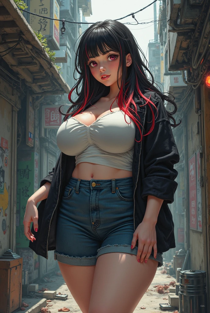 ((masterpiece,Highest quality:1.3,best quality illustration)),realistic,cowboy shot,独奏,1woman,(25 year old beauty),((very small head:1.3)),black hair,long hair,forehead,center parted bangs,black eyes,gorgeous big eyes,blush,((very long body,skinny)),medium breasts,gleaming skin,toned body,slender body,skinny,(oversized gray hooded sweatshirt)、Denim Microshorts、standing,on street,Shinjuku、Tokyo、