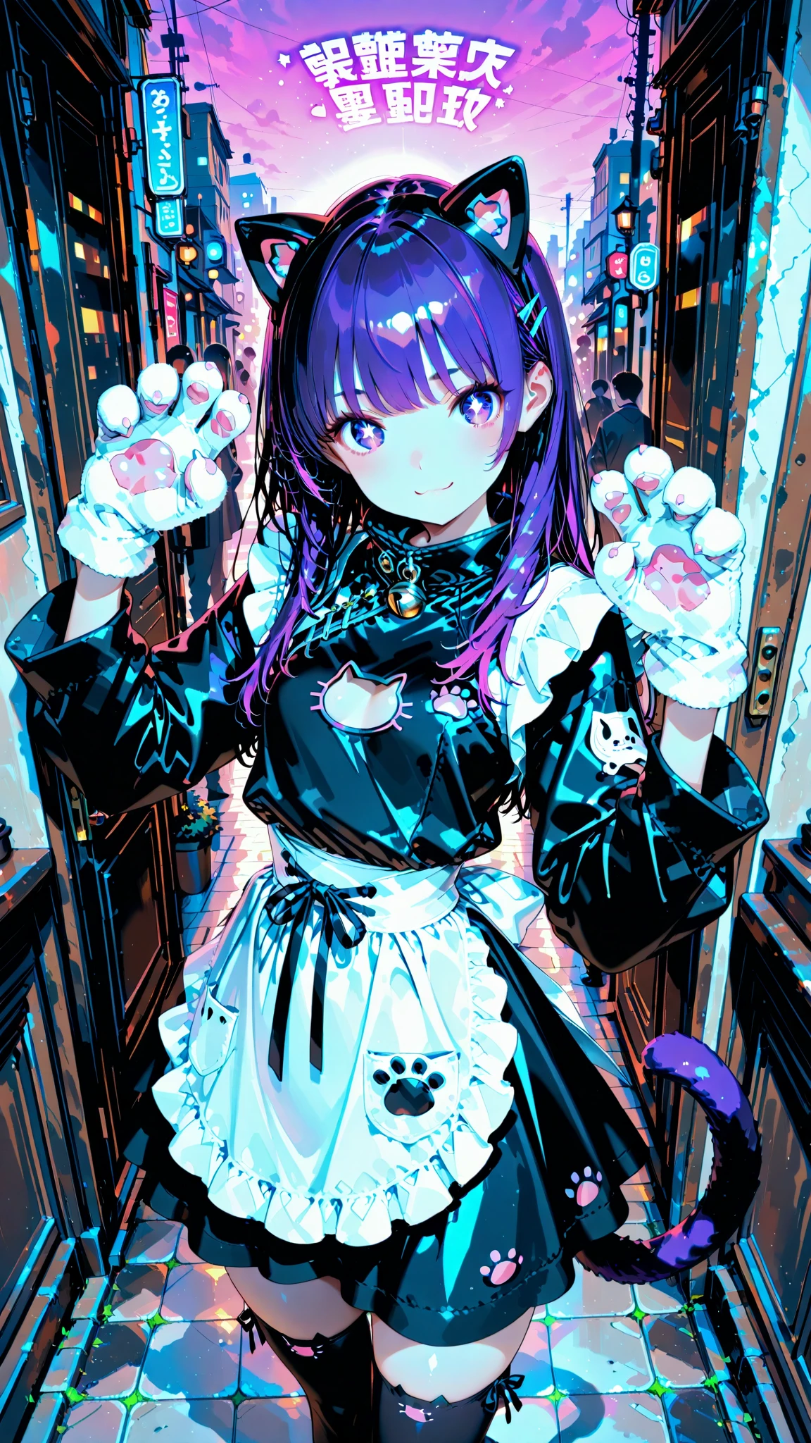 Very imaginative, extremely distorted cat-like man, cat hairstyle with straight hair curls, cat pajama style abstract dress with detailed decoration on each joint with multiple straps. BREAK 猫型草型の甘々waist apron, big cat shaped gloves with paws, Active peace sign pose, random angle, ambient lighting, MX4D.