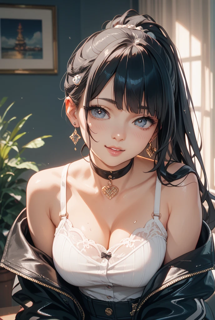 1girl, animal ears, bangs, bare shoulders, black hair, breasts, cat ears, cleavage, flower, from side, hair flower, hair ornament, indoors, lips, long hair, looking at viewer, medium breasts, nose, realistic, solo, upper body, white flower, window,