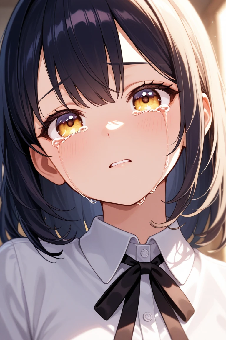 boy, feminine boy, young boy, dark blue hair, gradient hair, hair over shoulder, shiny hair, crying with eyes open, wide eyes, yellow eyes, long-eyelashes, blush, sad, crying, scared, scared, tearing up, anime style, anime, reflection light, ray tracing, glowing light, masterpiece, accurate, anatomically correct, super detail, high details, high quality, award winning, best quality, highers, 4K