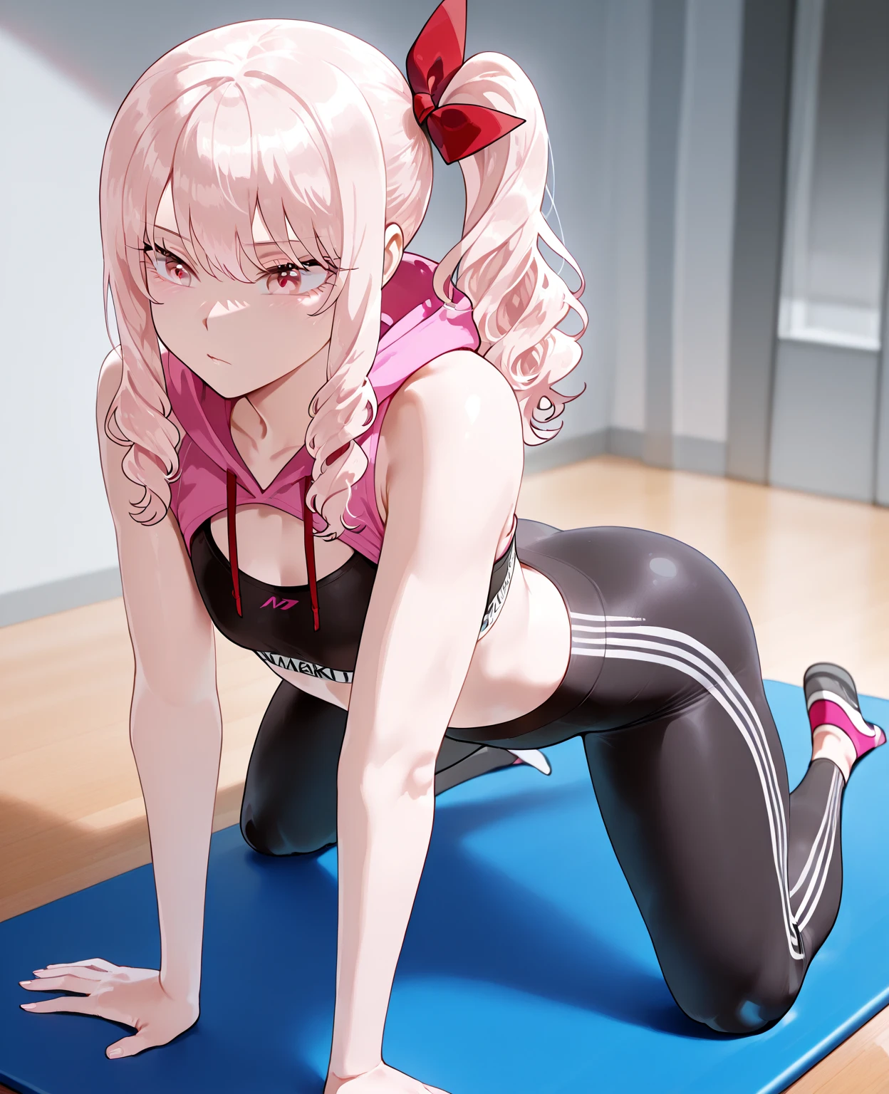 Anime girl in pink leotard lies on the ground with her legs crossed, photorealistic anime girl render, realistic anime, an anime girl, Smooth Anime CG Art, Cute anime girl rendering, pink twintail hair and cyan eyes, rendered in sfm, Realistic anime style, Trending on CGSTATION, Seductive Anime Girl
