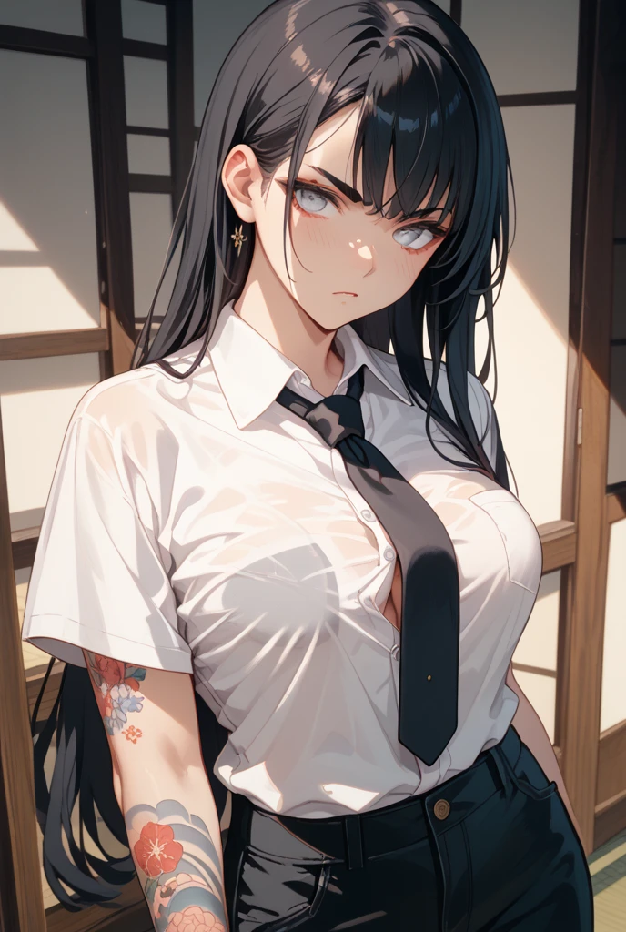 Women's High生、Big Breasts、Bare thighs、(Sailor suit summer uniform、White short-sleeved shirt、Navy blue micro mini skirt、Navy Pleated Skirt、White mesh panties、Yellow tie、White Short Socks)、(Black Hair、Very Short Hair、boyishカット)、boyish、Women's High、classroom、独奏