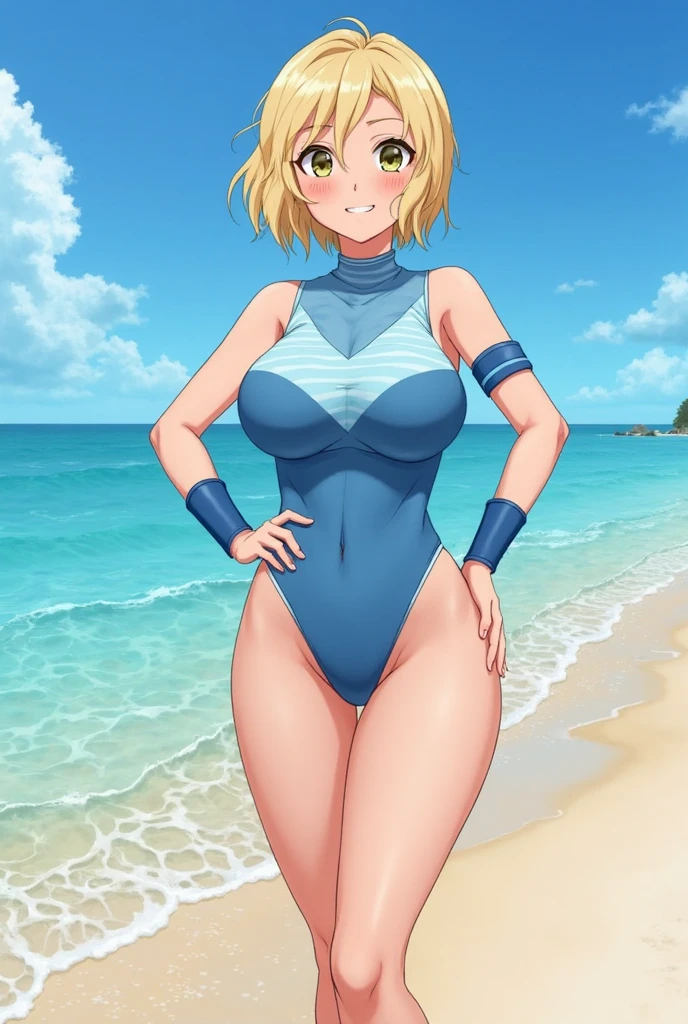 Blonde hair, short mash hair, turquoise eyes,A girl with impressive blonde hair、hair ornaments、short bob、hot pants、smile、dynamic pose, femdom, mocking smile、Small breastasutepiece, Best Quality, 1 girl, Solo, effect, Dark backgro、Micro Bikini、Nipples