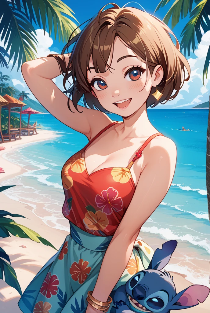 masterpiece, highres, high quality, extremely detailed, solo,
looking at viewer, smile, open mouth,
Chizuru Mizuhara, 1girl,
side ponytail,
flower hair ornament,
sunglasses on head,
necklace,
bikini top, frills, bikini bottom,
standing,
ocean, beach, sunshine,