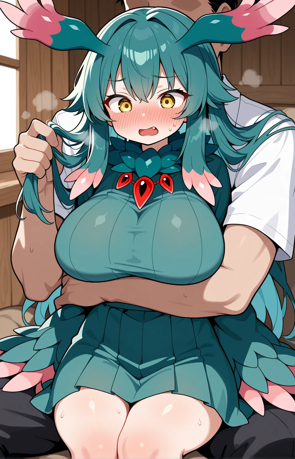((Highest quality)), ((masterpiece)), (detailed), Perfect Face、(((NSFW)))、Big Breasts、Squat、Leg spread、((M字Leg spread))、solo、from the front、、Ahegao、Fold your arms behind your head、Artoria Pendragon(ruler)、((sexy green panties-))、Nipple piercing、Mansuji、