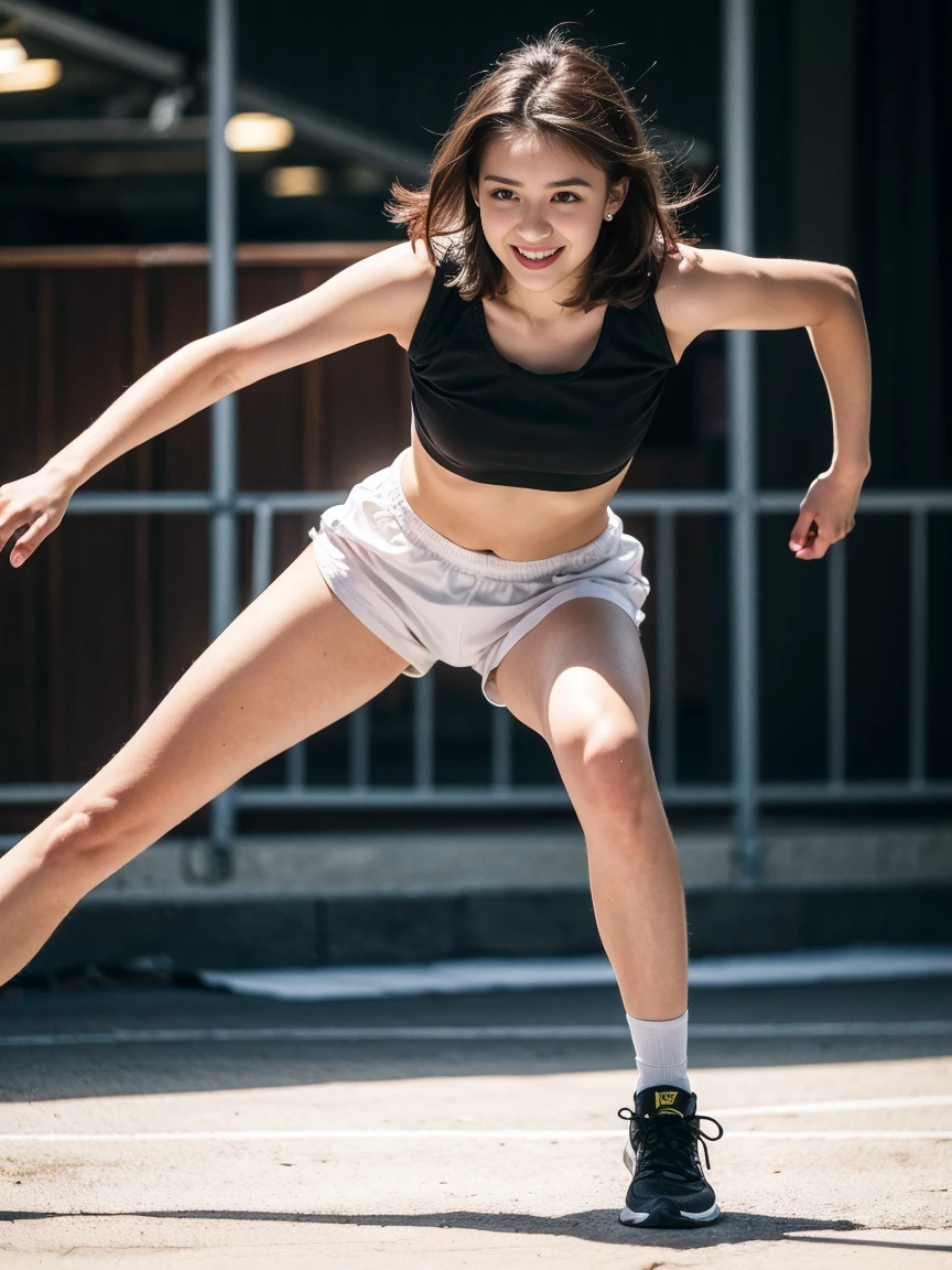 Realistic, high resolution, high texture, kung fu beauty high legs kick flying a car, car, muscles, long legs, short skirt, chest tall, background is lively street, white skin, tall, short hair