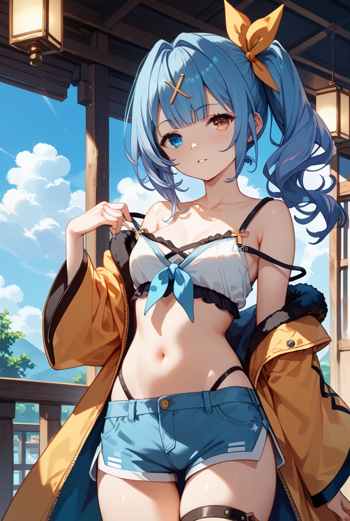 realistic, Aqua Konosuba, light blue hair, blue eyes, bright eyes, cropped top, perfect belly, ripped short shorts, perfect legs, parted lips, blush, night, flowers, sun, sunlight.