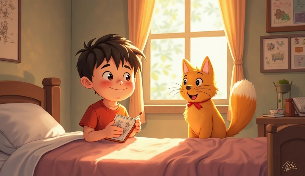 Ek handsome  ginger muscular cat jisne white shirt and pent pehni h uske hath me ek note book or pen h  or wo ek chote child jisne red t-shirts nikkar pehna h se chair par beth kar bat krte huye seen night ka h dono amne samne bethe h chote child ke face par udasi h living room me bethe h cat note book ki taraf dekhte huye  likhte huye