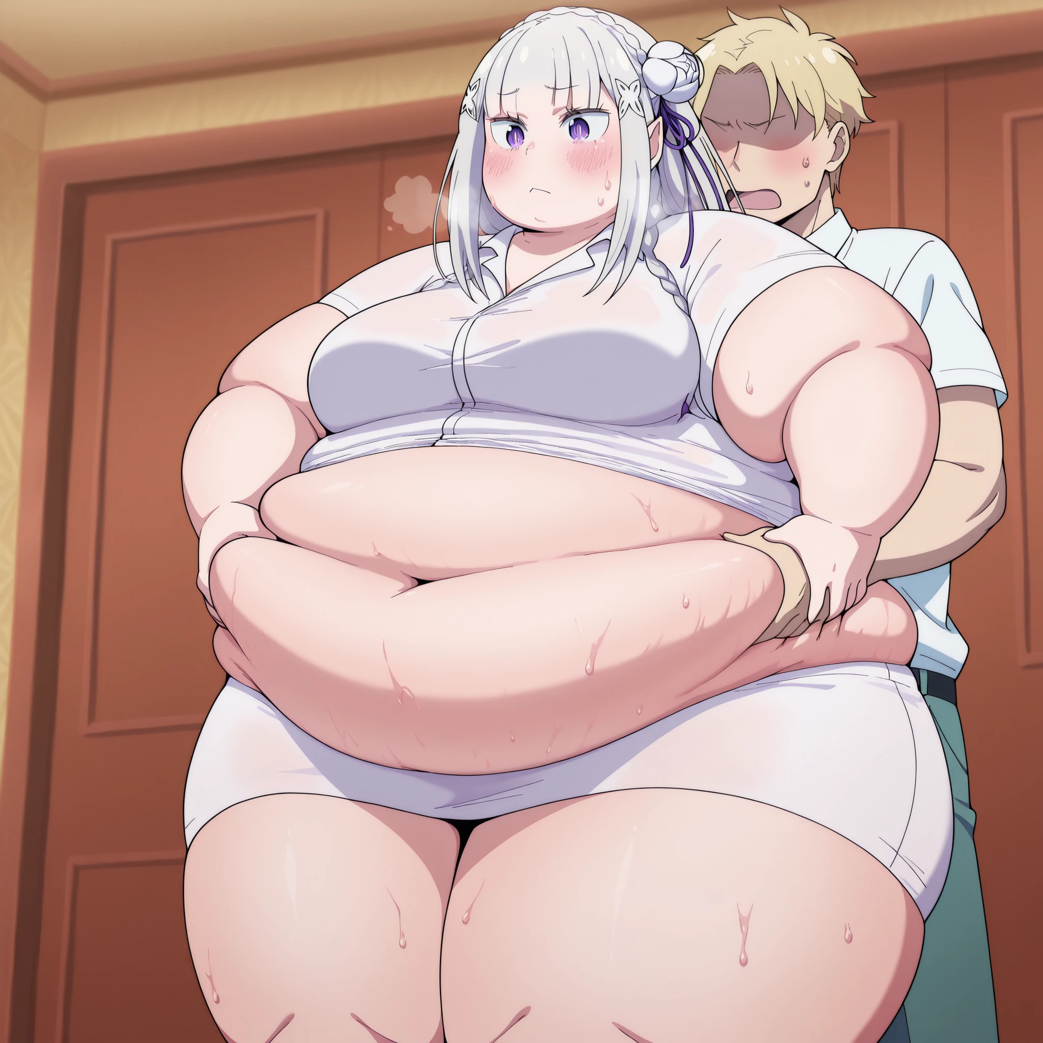 masterpiece, best quality, amazing quality,,  emilia, emilia (re:zero), braid, crown braid, flower, hair flower, hair ornament, hair ribbon, long hair, pointy ears, purple eyes, white hair, x hair ornament, mature female, breasts, anime screencap,  belly grab from behind, belly grab, blush, shirt, navel, closed mouth, white shirt, short sleeves, hetero, sweat, collared shirt, plump, weight conscious,, ,  loid forger, twilight (spy x family), short hair, bangs, blonde hair,no eyes, 1boy, fat, chubby, obese, gigantic arms and legs, large breasts open mouth, out of breath