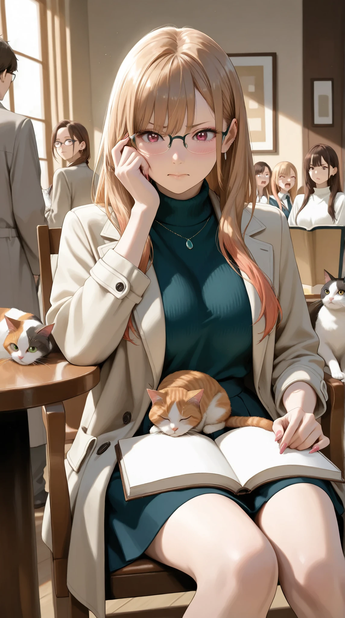 a beautiful, busty woman resembling a realistic version of Keiko Kitagawa, with sharp eyes and refined features, short straight brown hair in a clean side part,
wearing a sleek, fitted modern researcher outfit with a dark high-neck sweater and a long light-gray coat, black-rimmed glasses glowing slightly,
sitting at a table in a sunlit luxury cat café, surrounded by many cats — fluffy, sleek, long-haired, some on her lap, some rubbing against her legs, others watching her curiously from furniture,
she tries to maintain a composed, serious, slightly annoyed expression, but her cheeks are subtly blushing and her hand gently strokes a cat without realizing it,
more cats are climbing the back of her chair, lying across her open notebook, one gently headbutting her arm,
the scene is filled with soft warm lighting, cozy textures, and a lighthearted atmosphere — she is clearly losing her tsundere battle against overwhelming cuteness,
realistic 2.5D rendering, ultra-detailed skin and fabric, cinematic composition, emotionally expressive, no text
