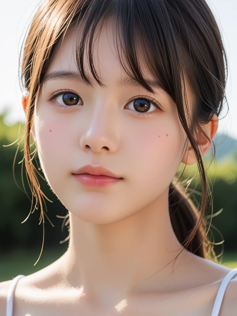 masutepiece, Best Quality, 8K, 1girl in, Good Hand, 14 yo, (round face:1.6), (baby face:1.6), (kawaii:1.6), (cute:1.6), (loli face:1.6), Lively, Active, Life Force, Luminescent, Looking away,(open shirt:1.6), 
(show off nipples:1.6), (exposing bare breasts:1.3), (exposed chest:1.3), (no bra:1.3),medium breasts, (small nipples:1.2), (small areolas:1.2),  Raw photo, F/1.8, 135 mm, NIKON, Anatomically correct, Bokeh，Textured skin, Professional Photography, Portrait, Soft light, Professional Lighting, Solo, (Smile), Cute, Girly, Digital SLR, Film grain, (Eyes and faces with detailed:1.0), 8K Wallpaper, Residential area