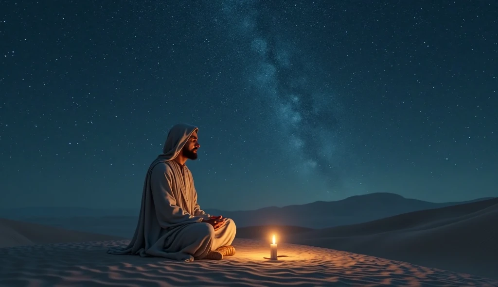 A sufi devotee praying in desert at night under sky full of stars