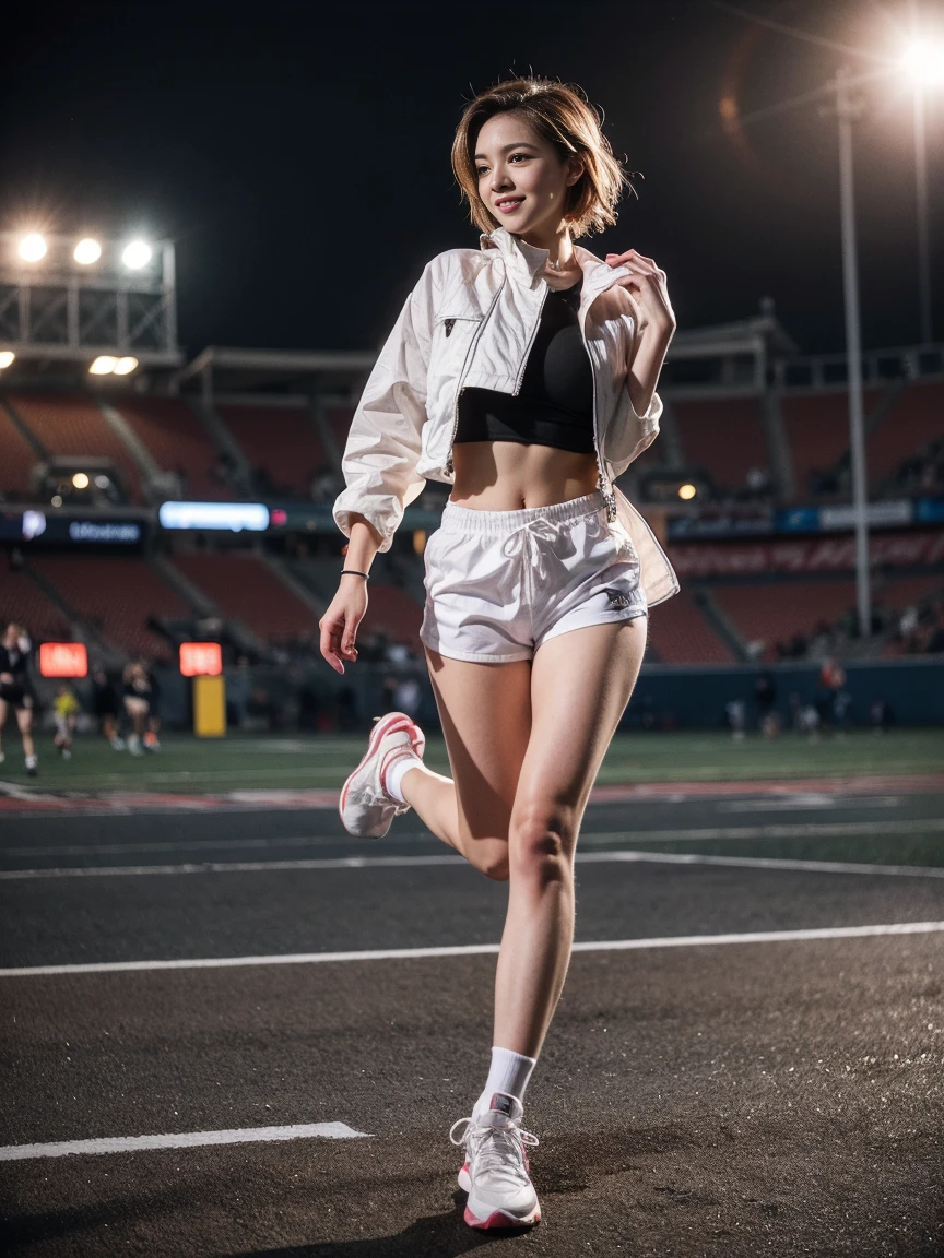 (8k:1.27), (Top quality, masterpiece, Ultra-high resolution:1.2)， ((original photography:1.3))，Photographed by mobile phone，RAW photos,(masterpiece, Top quality, best quality,beautiful and aesthetic:1.2),Tense atmosphere，Full body portrait，very detailed，1 Black girl，dark skin，Black skin，Stylish short hair，Standing on the stadium at night，Track and field wear，Detailed clothing details，Perfect body，Long slender legs， (Very beautiful:1.1)