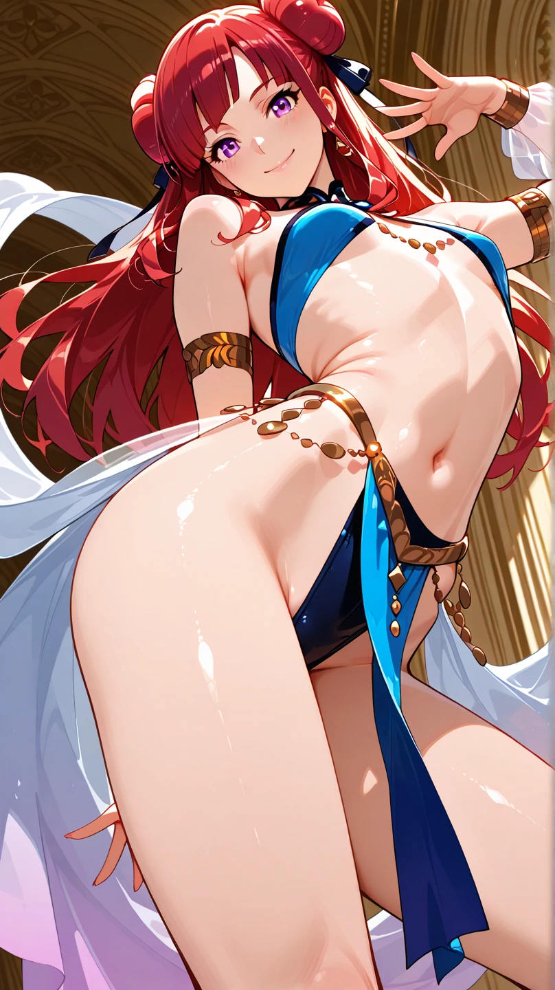 slim legs, blue eyes, nilou, red hair, long hair, mesmerising , medium breast, happy, navel, bed, cleavage, hanging breast, lying on the ground