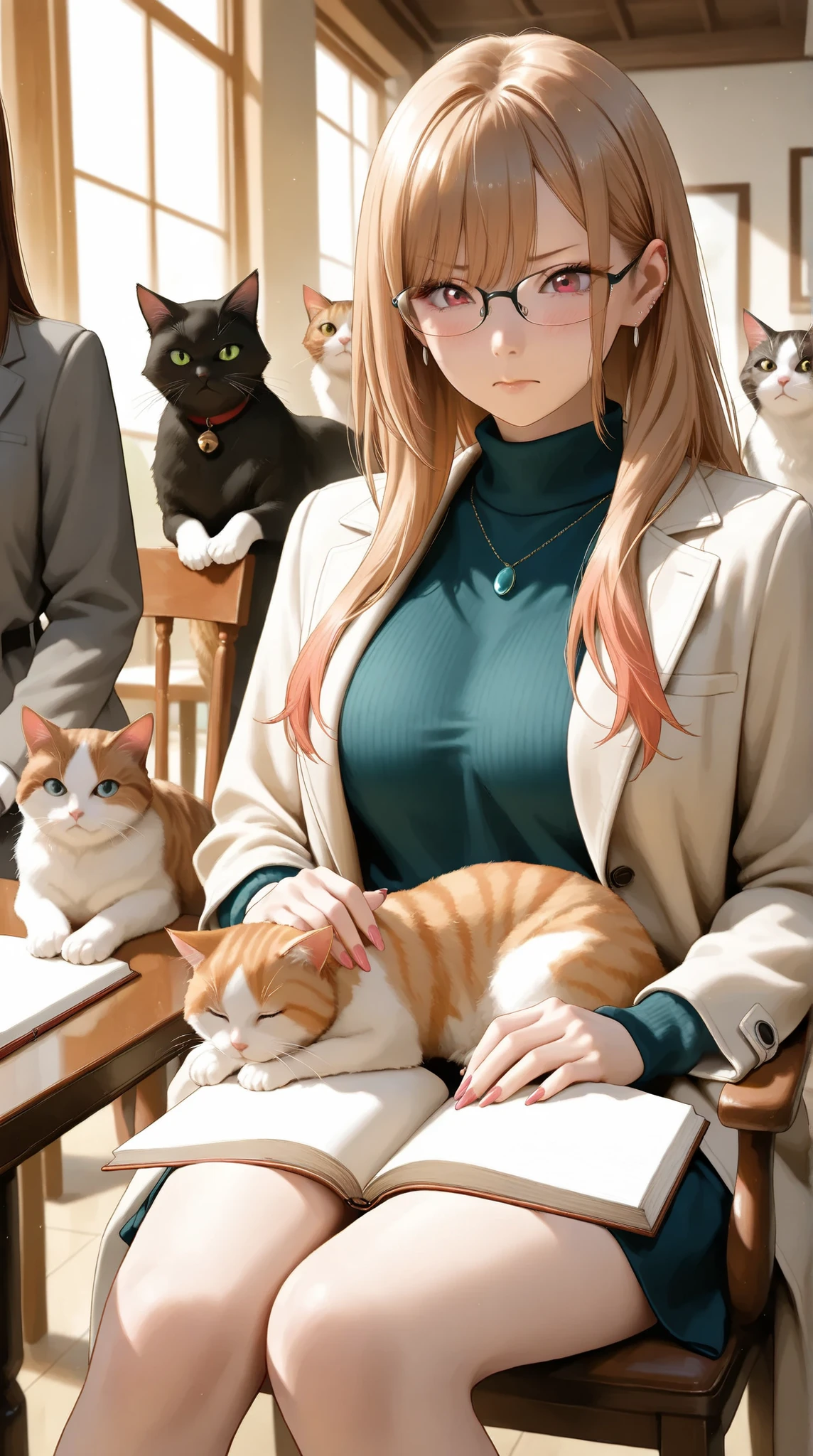 a beautiful, busty woman resembling a realistic version of Keiko Kitagawa, with sharp eyes and refined features, short straight brown hair in a clean side part,
wearing a sleek, fitted modern researcher outfit with a dark high-neck sweater and a long light-gray coat, black-rimmed glasses glowing slightly,
sitting at a table in a sunlit luxury cat café, surrounded by many cats — fluffy, sleek, long-haired, some on her lap, some rubbing against her legs, others watching her curiously from furniture,
she tries to maintain a composed, serious, slightly annoyed expression, but her cheeks are subtly blushing and her hand gently strokes a cat without realizing it,
more cats are climbing the back of her chair, lying across her open notebook, one gently headbutting her arm,
the scene is filled with soft warm lighting, cozy textures, and a lighthearted atmosphere — she is clearly losing her tsundere battle against overwhelming cuteness,
realistic 2.5D rendering, ultra-detailed skin and fabric, cinematic composition, emotionally expressive, no text