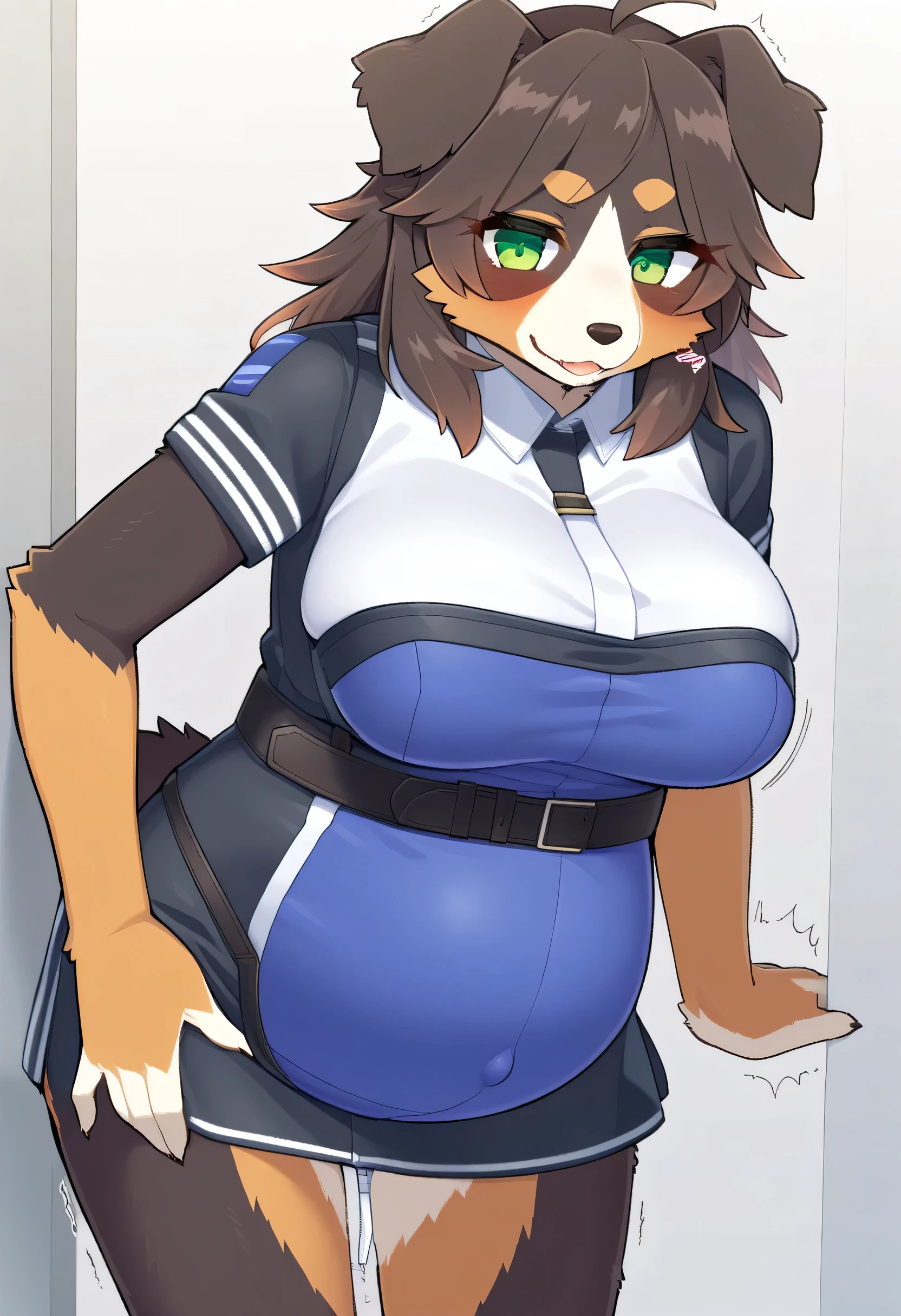 ((Masterpiece, top quality, high resolution)), ((comic illustration)), nsfw BREAK solo, anthro, jackal, hair, female, curvaceous with nice curvy wide hips, huge round breasts, police uniform very skimpy, standing,