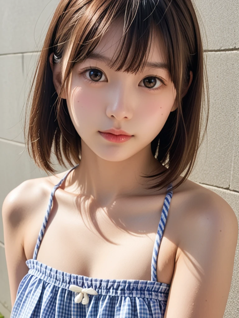 Tabletop, highest quality, No underwear:1.6、Wearing a satin camisole:1.6、Emphasize the chest、Nipples Close Up、Wearing pink make-up:1.4、One Girl, 25-year-old woman:1.4、(beautiful girl, Delicate girl:1.3), (14 years old:1.3), Definition of very fine particles, (Symmetrical eyes:1.3), Gray solid background, (  Thin clothing worn in summer:1.2), Flat Chest, Brown eyes, Parted bangs, Brown Hair, Upper teeth, (Eye and facial details:1.0), (RAW Photos, Film Grain, chromatic aberration), (Bokeh: 1.1),,Sheer,Wet,