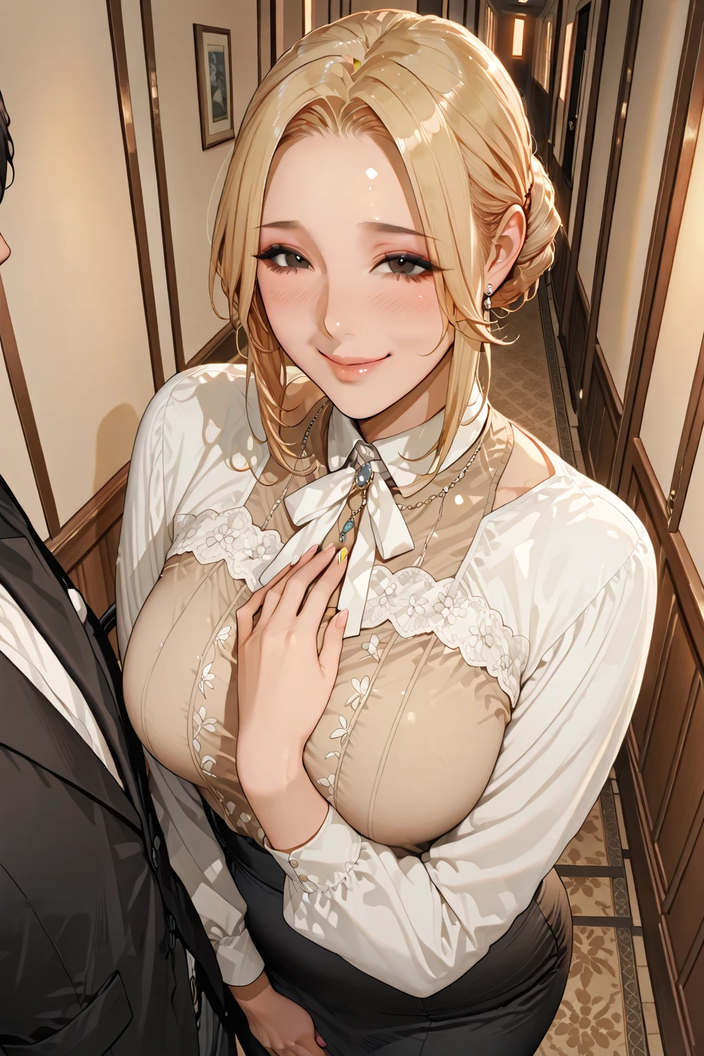 (​masterpiece、top-quality、hight resolution), A wealthy, elegant married woman giving a seductive sidelong glance, but with a subtle expression of guilt. She is dressed in luxurious, high-quality clothing, standing in a beautifully decorated room. Her eyes are inviting yet hesitant, as if she knows she shouldn't be doing this but can't help herself. The lighting is soft and warm, highlighting her conflicted emotions. nsfw