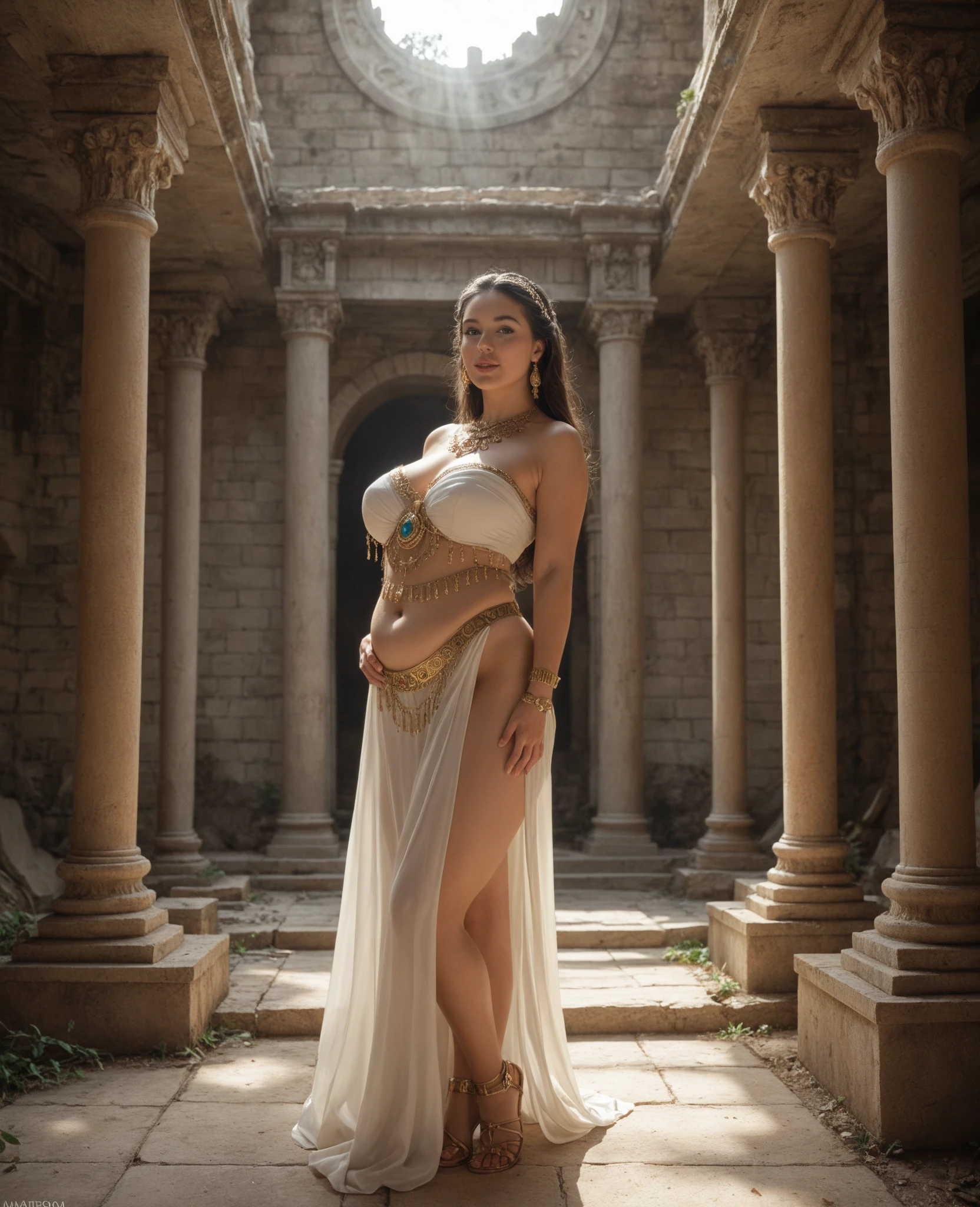 Tara Sutaria, as a young and beautiful maiden, wearing a strapless bra and a silk dhoti, standing outside an ancient temple, large breasts, deep cleavage, gold jewellery,  bindi, long earrings, large necklace, bangles, waistchain, smiling. holding a oil lamp, large breasts, front view, full body