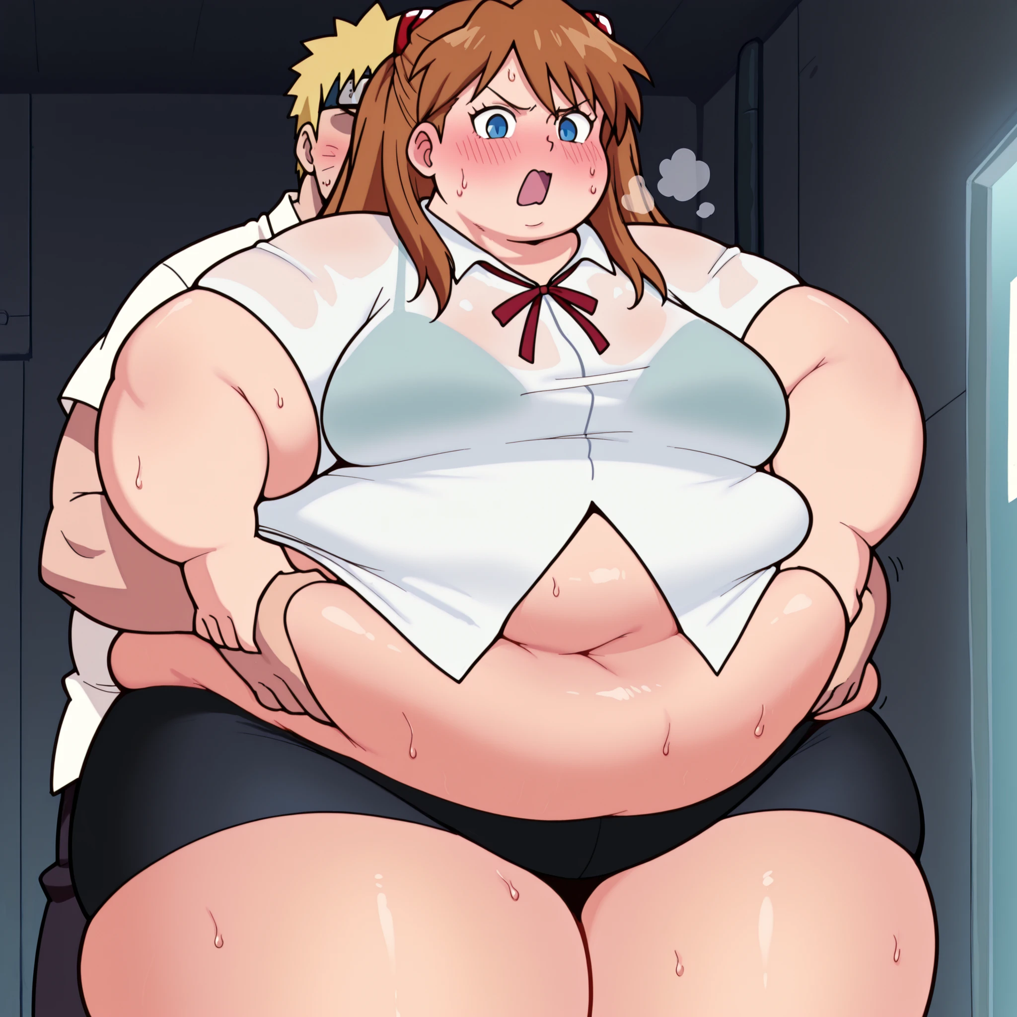 masterpiece, best quality, amazing quality,, asuka langley soryu, long hair, bangs, blue eyes, brown hair, hair ornament, breasts, anime screencap, belly grab from behind, belly grab, blush, shirt, navel, closed mouth, white shirt, short sleeves, hetero, sweat, collared shirt, plump, weight conscious,, , naruto uzumaki, blonde hair,no eyes, short hair, 1boy,, fat, chubby, obese, gigantic arms and legs, large breasts open mouth, out of breath