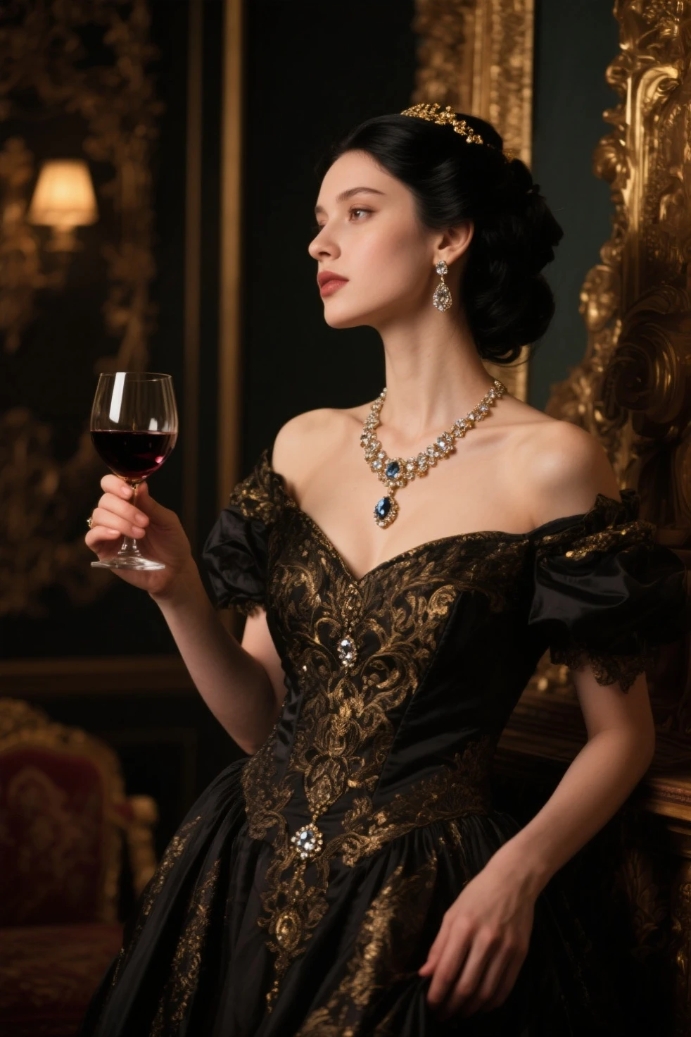 realistic photograph of the vampire queen, fangs, pale skin, blood dripping from the mouth, holding a wine glass with blood, (baroque clothes), black hair, in a castle with torches on the wall, score_9, score_8_up, score_7_up, score_6_up, score_5_up, score_4_up, source_anime, ultrarealistic