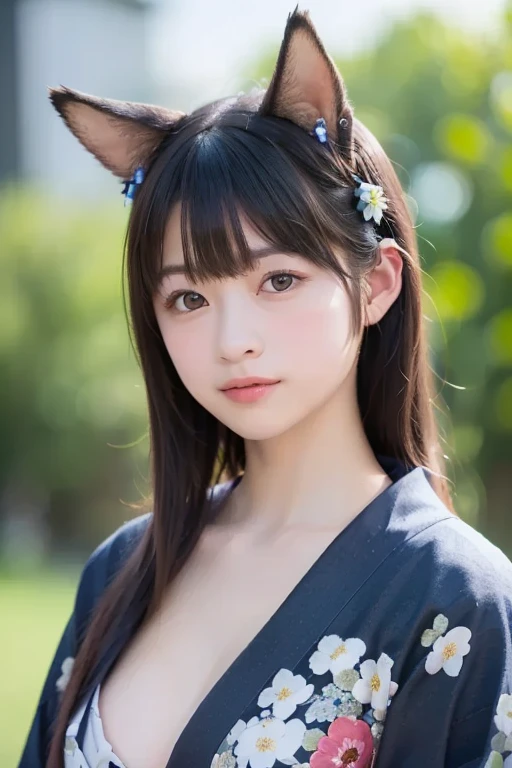 ((Highest quality、8K、masterpiece))、Sharp focus:1.2、(Fox ears))、Cute 14 year old girl with perfect figure:1.4、Slim Abs:1.2、((Dark brown hair))、(whiteいボタン留め)shirt、jeans:1.1)、street:1.2、Highly detailed face and skin texture、Fine grain、double eyelid、Shoulder、Close-up of a woman in a kimono posing for a photo、Japanの女神、Japan人モデル、white、((Small breasts))、((Shrine Maiden Costume))、Japan、Drawing attractive anime girls。(Cleavage)