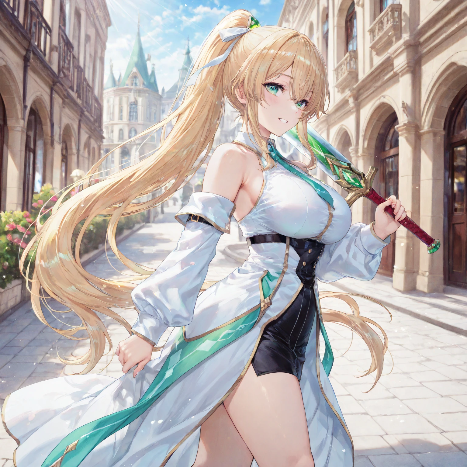 Official Art, masterpiece, concentrate, (beautiful, Beautiful and cute Korean woman:1.3), (Beautiful and cute Korean:1.3), Korean beauty, 精致beautiful头发、Eyes and face, Practical, Very detailed, beautiful女孩, Blue sky, Glowing white particles, (Side Light:1.2), Sunlight, White Cloud, Detailed clouds, Slim, Such a cute big ass, Smile with teeth bared, ((Smile with your eyes, Open your eyes)), landscape, Long straight hair, Sexy facial expressions, architecture, (城市landscape:1.7), Dynamic Hair, very Long straight hair, Delicate blonde hair, Green Eyes, Pink skirt, Black socks, Pale skin, Hair accessories, epic landscape,,Black high heels,Nice ass,beautiful buttocks,There'There'There's nothing under the skirt...,weight loss