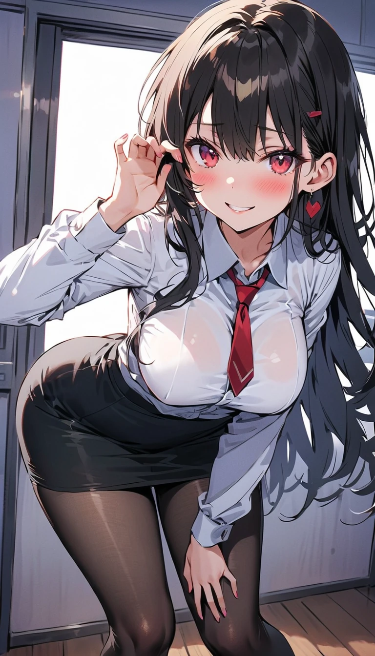 masterpiece, best quality, best lighting, shadows, dynamic angle, front view, perfect anatomy, 1 girl, 21 years old, mature features, black wavy hair, black eyes, seductive eyes, blushing, flirty, pretty smile, tiny red skirt, white tight shirt, semi open shirt, black thigh highs, classroom background, ass, breast, thighs, nsfw,
